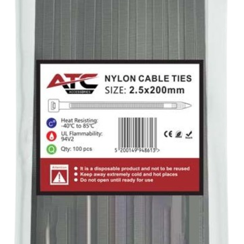 Cable Ties 2.5x200mm Nylon Black 100pcs/bag