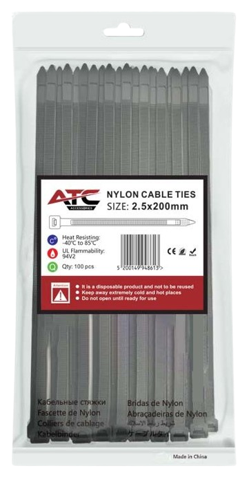 Cable Ties 2.5x200mm Nylon Black 100pcs/bag